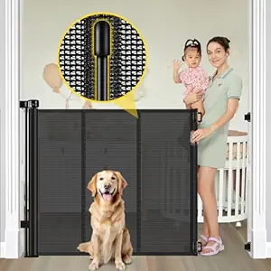Photo 1 of Reinforced 42” Extra Tall Retractable Baby Gates with Rods, Extends up to 60” Wide, Tall Retractable Dog Gate for Doorways Prevent Crawling Through Mesh Pet Gate Indoor Outdoor, Black