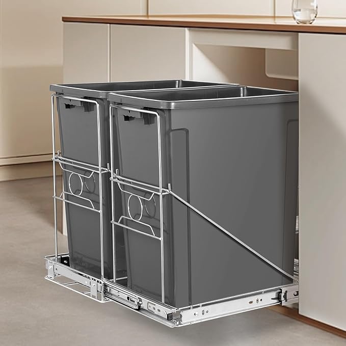 Photo 1 of Double Pull Out Trash Can, Side Pull Stainless Steel Kitchen Adjustable Trash Slide Out Shelf, Cabinet Trash Can Pull Out Kit, Fit Two 7-11 Gallon Bins ***(No Bin Included, Silver)