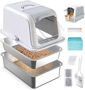 Photo 1 of Stainless Steel Sifting Litter Box, Fully Enclosed Sifting Cat Litter Box with Lid, 23.6"L x 15.7"W x 19.44"H Multi-Purpose Stainless Steel Litter Box Enclosure, Anti-Leakage, Easy Clean for Big Cats