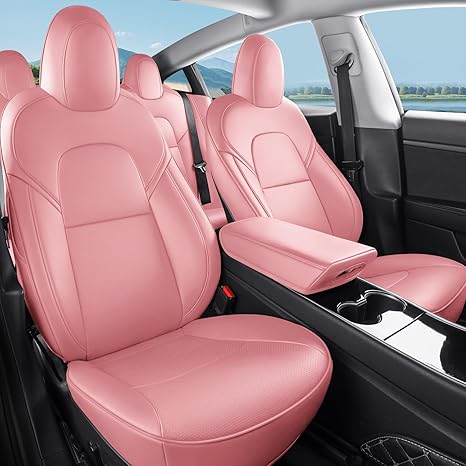 Photo 1 of Tesla Model Y Car Seat Covers Nappa Leather Car Interior Seat Airbag Compatible Cushion Cover Full Set Custom Fit 2024 2023 2022 2021 2020, Nappa Pink