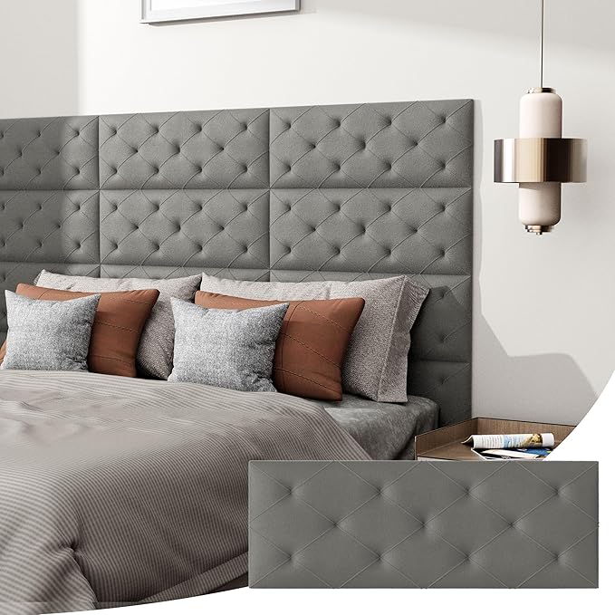 Photo 1 of Peel and Stick Headboard for Queen Size, Upholstered Velvet Fabric Wall Mounted Headboard, Pack of 4 Panels (Each 31.5"x11.5", Dark Gery)