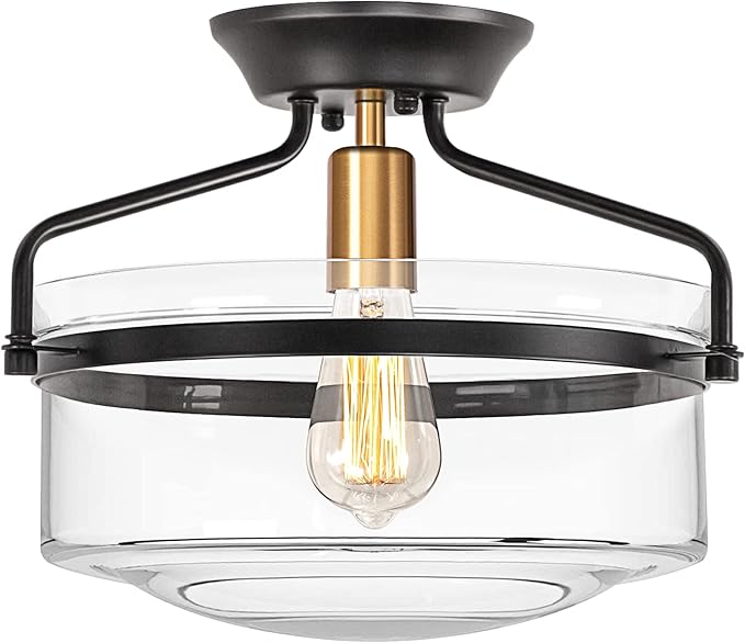 Photo 1 of Semi Flush Mount Ceiling Light, 14.2" Farmhouse Fixture, Industrial Black and Gold Finish With Clear Glass for Hallway, Porch, Kitchen