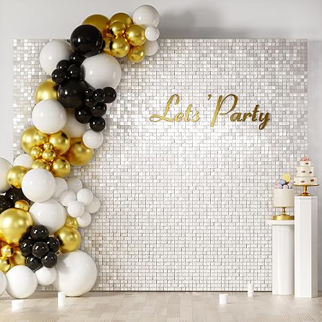 Photo 1 of COKAOBE Mirror White Shimmer Wall Backdrop, 36PCS Square Sequin Shimmer Backdrop Panel, Photo Backdrops for Birthday, Anniversary, Wedding, Graduation & Bachelorette Party Decoration