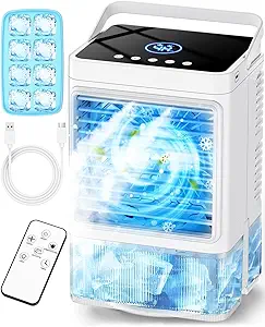Photo 1 of Small Air Conditioner w/ 3 Speeds&3 Modes, Remote, 1100ML Tank Humidifier, 8-Cube Ice Tray, 120° Oscillating, 4 IN 1 Portable Air Conditioners, 7-Color Light, 4H Timer Desk AC Unit for Bedroom