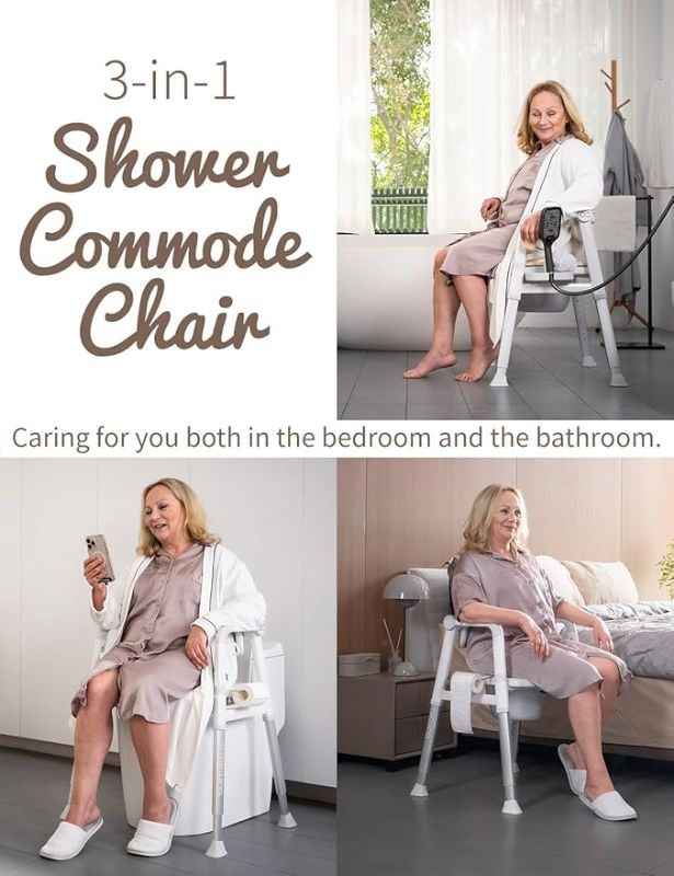 Photo 1 of 3-in-1 Drop Arm Shower Chair Bedside Commode Toilet with Anti-Splash Bucket Extra-Wide Padded Adjustable Raised Toilet Seat for Seniors up to 300 lbs. Potty Chair for Toilet Grey