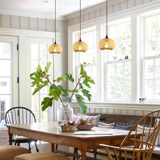 Photo 1 of 3pack Rattan Pendant Light, Small Boho Light Fixture for Kitchen Island, Farmhouse Wicker Pendant Light, Rattan Light Fixtures Ceiling Hanging for Dining Room Bedroom Cafe Hallway 7“