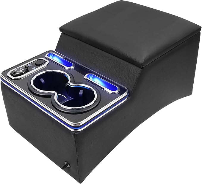 Photo 1 of Upgraded Center Console, Truck Bench Front Seats Center Console Organizer and Storage, Cup & Phone Holder for Minivan, SUV, Middle Van, Fast Phone Charging & 7-Color Adjustable LED Lighting (Black)