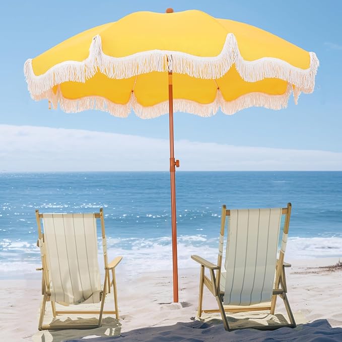 Photo 1 of PHI VILLA 7ft Beach Umbrella with Fringe & Sand Anchor, Outdoor Patio Heavy Duty Windproof Portable Tassel Umbrellas for Sand with Push Button Tilt & Carrying Bag, UPF 50+, Yellow