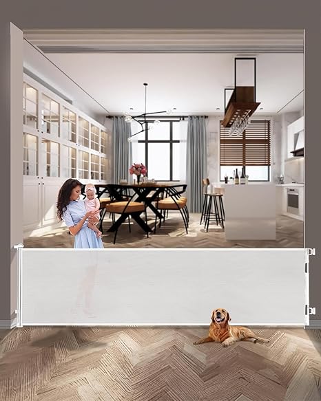 Photo 1 of 118 Inch Extra Wide Retractable Baby Gate,Mesh Large Baby Gate or Mesh Pet Dog Gate, Opening Wide Extra Long Child Safety Gate for Indoor Baby Fence, Outdoor, Stairs, Deck (White)