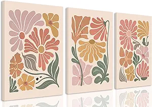 Photo 1 of TBKHUDBI Boho Flower Canvas Wall Art Abstract Floral Pictures Prints Set of 3 Minimalist Botanical Painting Poster Flower Market Aesthetic Wall Decor for Living room Bedroom 16"x24" Framed