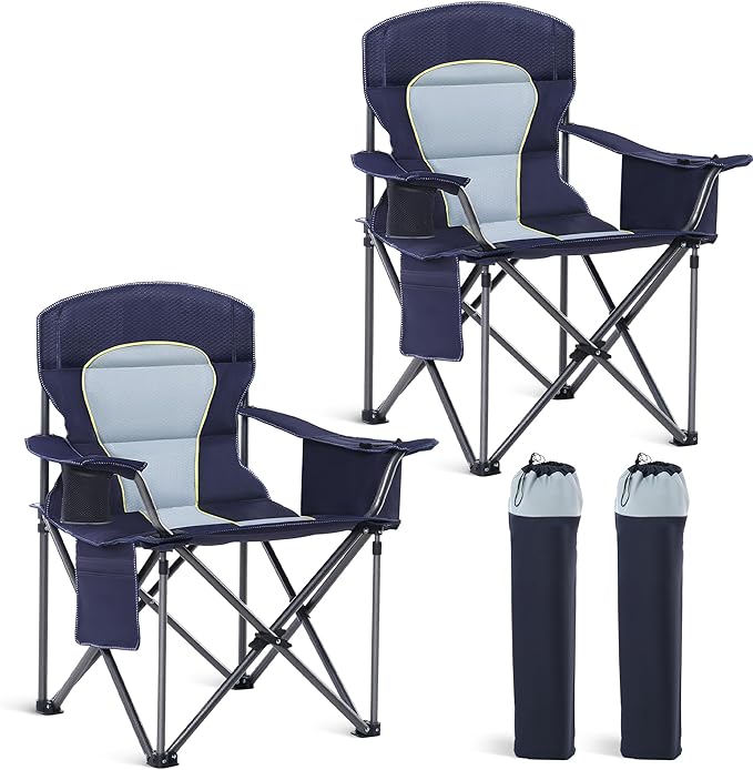 Photo 1 of HIGH POINT SPORTS Oversized Camping Folding Chair, Heavy Duty Portable Outdoor Chair, Foldable Camp Chair with Cup Holder and Cooler Bag Support 450 LBS, 2 Pack, Dark Blue