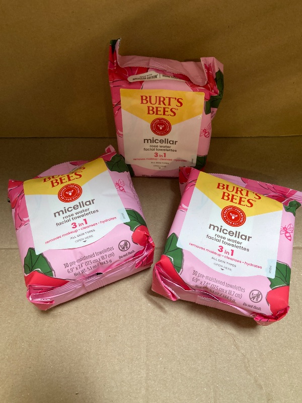 Photo 1 of Burt's Bees Rose Water Face Wipes, for All Skin Types, Hydrating Micellar Makeup Remover & Facial Cleansing Towelettes, 30 Ct (3-Pack)