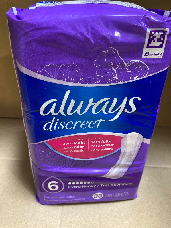 Photo 1 of Always Discreet Incontinence Pads for Women and Postpartum Pads, Extra Heavy, 33 CT, up to 100% Bladder Leak Protection