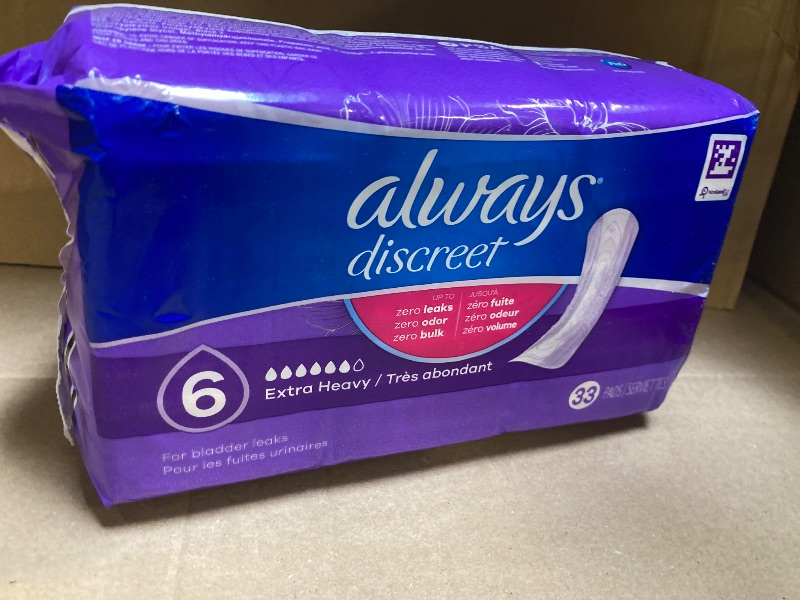 Photo 1 of Always Discreet Incontinence Pads for Women and Postpartum Pads, Extra Heavy, 33 CT, up to 100% Bladder Leak Protection