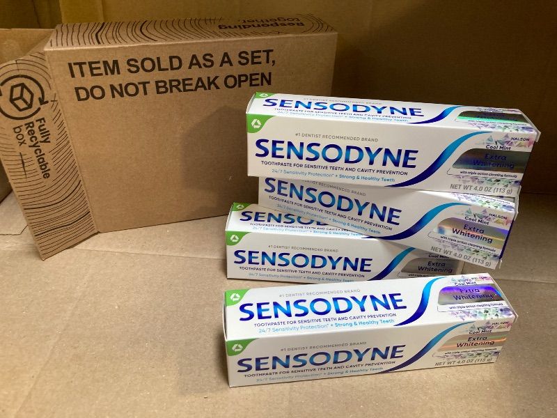 Photo 1 of Sensodyne Extra Whitening Sensitive Teeth and Cavity Prevention Whitening Toothpaste, Amazon Exclusive, Cool Mint, Amazon Exclusive- 4 Ounces (Pack of 4)