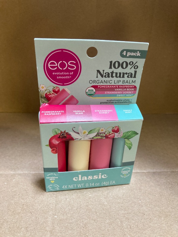 Photo 1 of eos 100% Natural & Organic Lip Balm Sticks- Strawberry Sorbet, Vanilla Bean, Sweet Mint & Pomegranate Raspberry, Lip Care Products, 0.14 oz, 4-Pack