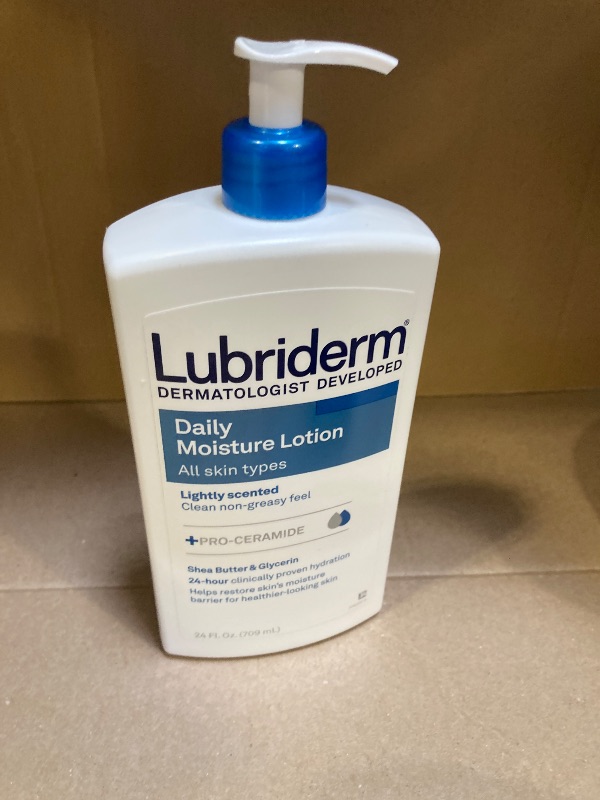 Photo 1 of Lubriderm Daily Moisture Lotion + Pro-Ceramide, Shea Butter & Glycerin, Hydrating Face, Hand & Body Lotion, 24-hour Moisturizer for Dry Skin, Paraben & Dye Free, Scented, Non-Greasy, 24 FL OZ