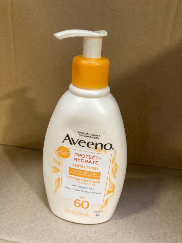 Photo 1 of Aveeno Protect + Hydrate Sunscreen Moisturizing Lotion with Prebiotic Oat, Broad Spectrum SPF60, Paraben, & Oil Free, Weightless, Water & Sweat Resistant (80-min) for Sensitive Skin, 12 Fl Oz