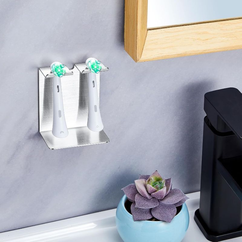 Photo 1 of  Electric Toothbrush Head Holder WAYASI Stainless Steel Tooth Brushing Holder, Wall Mounted Toothbrush Holders Shower Bathroom, Self Adhesive or Desktop Tooth Brush Holder Organiser, Silver 