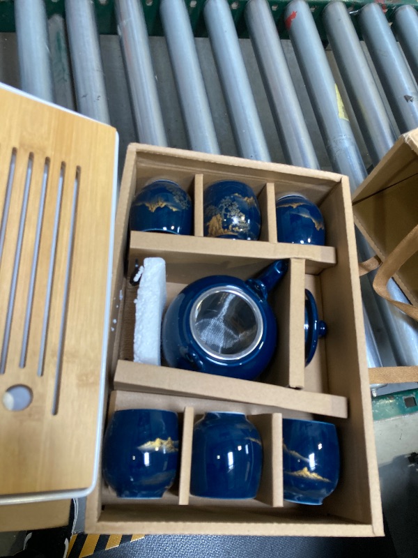 Photo 1 of Japanese Tea Set of 6, 40oz Blue Porcelain Teapot and 6 Cups, Gold Hand-Painted Teaware with Stainless Steel Infuser and Tray, Traditional Style Gift for Tea Lovers, Mother's Day, Birthday