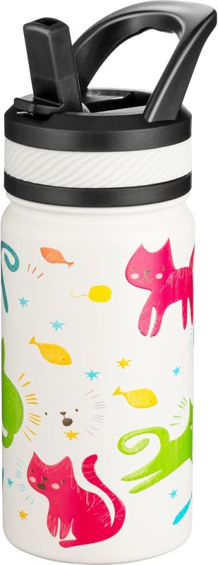 Photo 1 of Fanhaw 14 Oz Kids Insulated Water Bottle with Straw - Stainless Steel Double Wall Vacuum Cup, Leakproof, BPA Free, Suitable for Boys and Girls(White - Cats)

