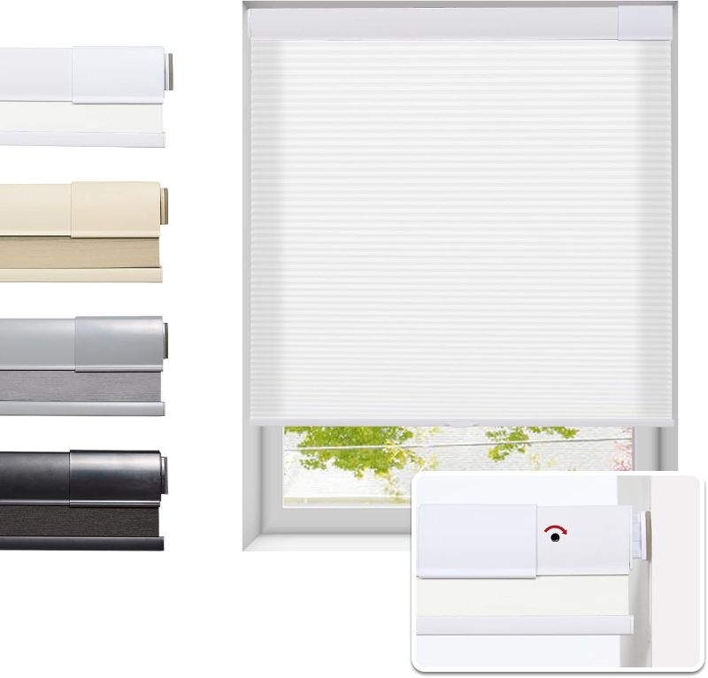 Photo 1 of No Drill Cellular Shades for Indoor Windows, Thermal Insulating & Noise Reducing Honeycomb Blinds, Cordless Free Stop Blinds Light Filtering, White, 31 1/2" W x 64" H
