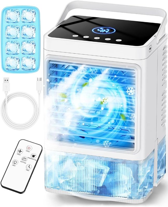 Photo 1 of Small Air Conditioner w/ 3 Speeds&3 Modes, Remote, 1100ML Tank Humidifier, 8-Cube Ice Tray, 120° Oscillating, 4 IN 1 Portable Air Conditioners, 7-Color Light, 4H Timer Desk AC Unit for Bedroom
