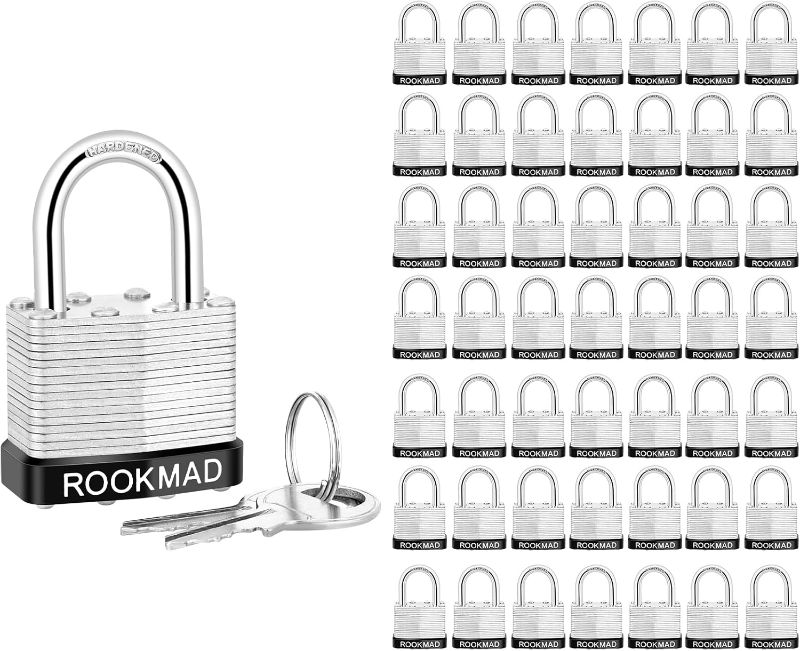 Photo 1 of Keyed Padlocks, Laminated Steel Padlock, Keyed Alike Locks with Same Keys, PE Plastic Hoop, The Lead Content of This Pad Lock complies with CA65, 60 Pack
