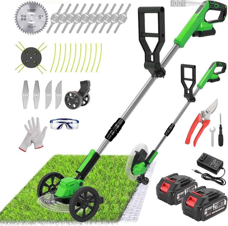 Photo 1 of Cordless  Wacker Eater Battery Powered, 21V Lightweight Electric Weed Trimmer with 2 Battery Operated & Charger& Wheels & Shears, No-String Grass Trimmer/Brush Cutter/Lawn Edger for Yard Garden