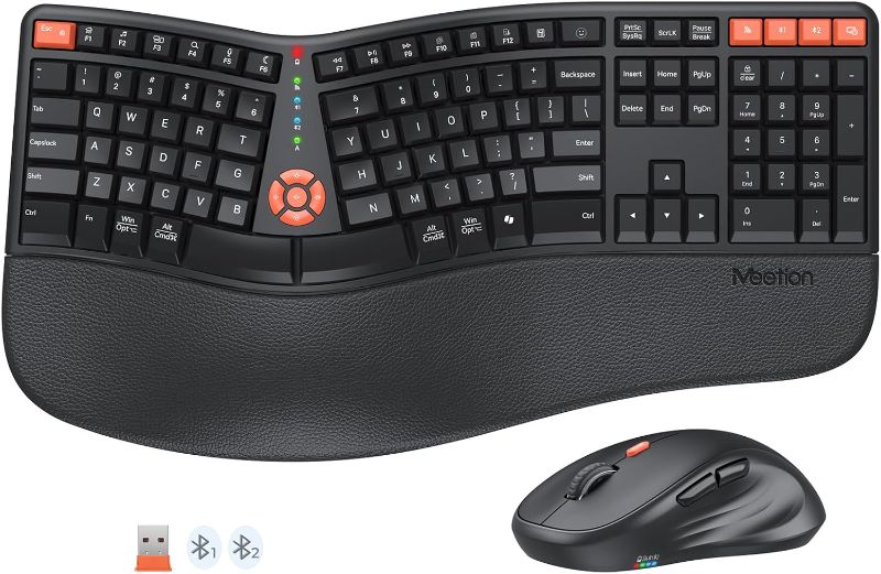 Photo 1 of MEETION Ergonomic Keyboard and Mouse, 2.4G Wireless/Bluetooth Split Keyboard with Cushioned Palm Rest, 4 DPI Adjustable Mouse, Full Size Multi-Device Keyboard for Windows/Mac/PC/Laptop, Black

