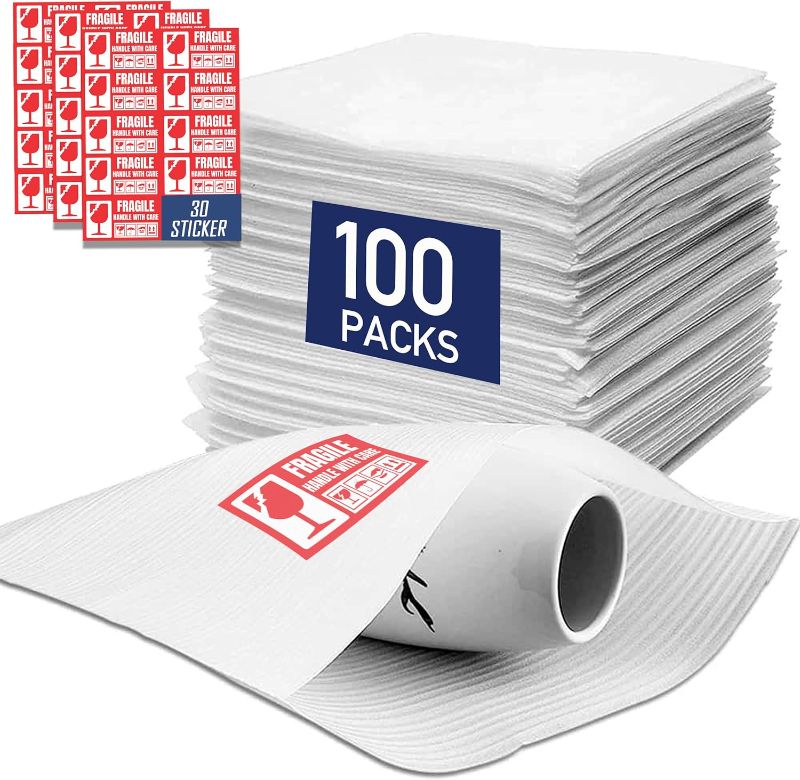 Photo 1 of 12x12”-100 Pack Cushion Foam Pouches for Packing Dishes + 30 Fragile Stickers – Moving Supplies for Dishes, Glassware & Fragile Items – Protective Dish Packing Supplies for Moving, Storage & Shipping
