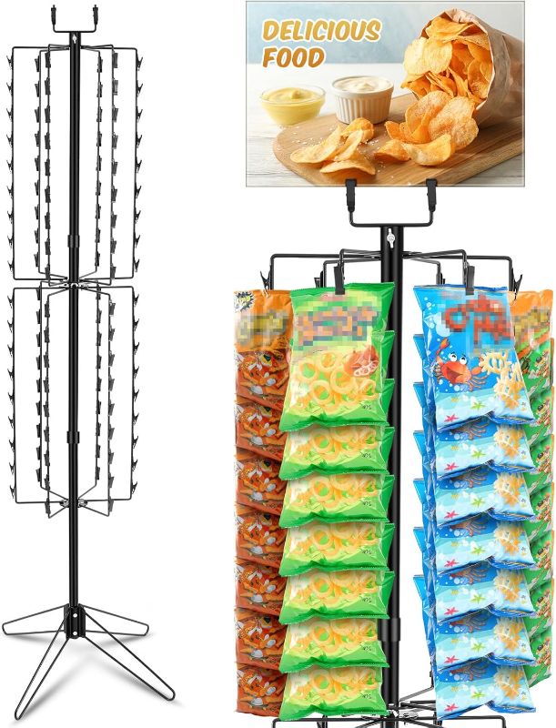 Photo 1 of Standing Spinner Retail Display Rack with 108 Clips, 68.5" H Chip Spinning Display Rack 4" Top Wire Sign bracket, 12 Rotating Rods Heavy Duty Chip Holder, Black
