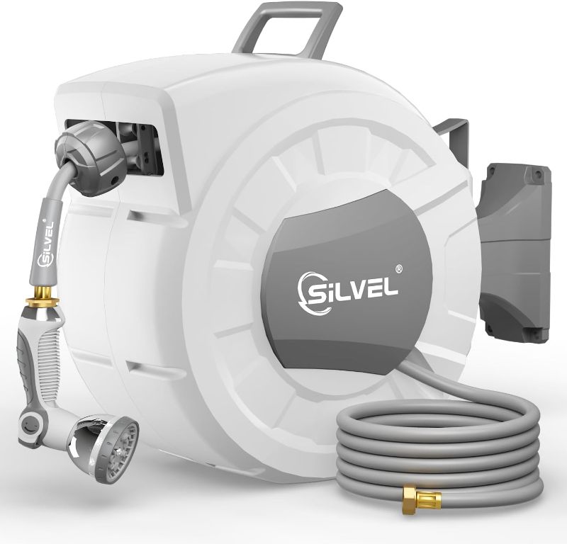 Photo 1 of SILVEL Retractable Garden Hose Reel, 1/2 in x 100 ft Wall Mounted Garden Hose Reel, with 10 Pattern Nozzle, Any Length Lock, Slow Return System, 180°Swivel Bracket
