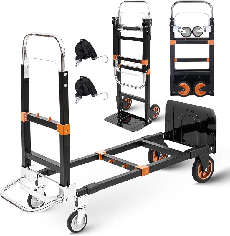 Photo 1 of Upgraded 3 in 1 Folding Hand Truck, 600lbs Capacity, Heavy Duty Convertible Dolly with Retractable Handle and 4 Rubber Wheels, Collapsible Cart for Moving Home, Office, Warehouse?Orange?
