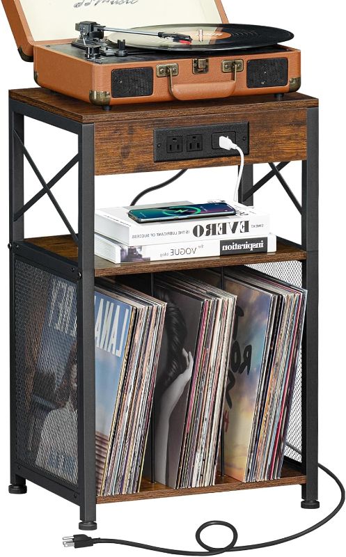 Photo 1 of LELELINKY 3 Tier End Table with Charging Station, Record Player Stand Holds Up to 100 Albums, Black Vinyl Records Storage Holder, Turntable Stand with Display Shelf for Bedroom Living Room Office

