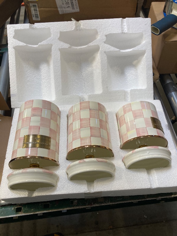Photo 1 of MACKENZIE-CHILDS Medium Enamel Canister, Kitchen Storage Container for Flour and Sugar, 1.42 Liters, Pink-and-White Rosy Check
