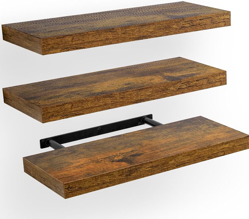 Photo 1 of Floating Shelves, Wall Shelves for Bathroom/Living Room/Bedroom/Kitchen Decor, Decor Shelf with Invisible Brackets Set of 3, Rustic Brown 