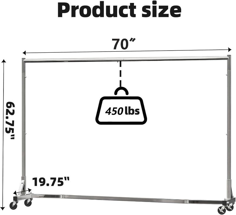Photo 1 of Simple Trending Industrial Grade Z Base 70in extra long Clothes Garment Rack, Commercial Grade Rolling Clothing Rack, Heavy Duty 450lb Load with Wheels, Chrome
