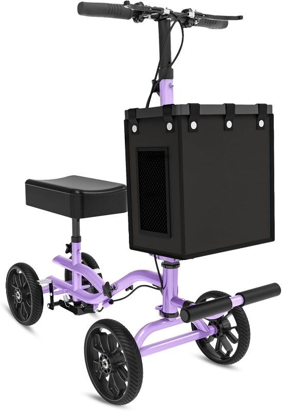 Photo 1 of Lightweight Knee Scooter, Foldable & Adjustable Knee Scooter for Adults for Foot Surgery, Steerable Knee Walker with Detachable Basket, Includes DIY Stickers, Crutch Alternative-Cream Purple
