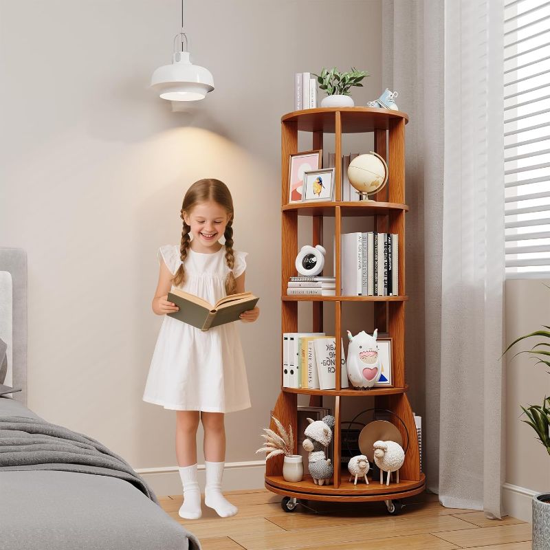Photo 1 of 4 Tier Rotating Bookshelf with Brake Wheels, 360° Spinning Bookcase, Vertical Floor Standing Revolving Bookshelf Organizer for Small Spaces, Corner, Living Room, Bedroom, Rustic Brown
