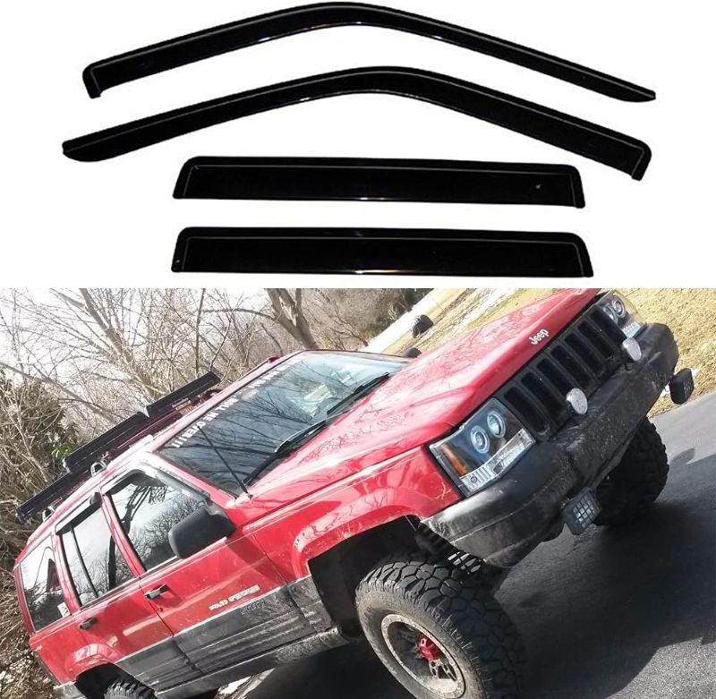 Photo 1 of Side Window Wind Deflector, 4pcs Out-Channel Tape-On Dark Smoke Nice Rain Guards Set, Window Visor Compatible with 1993-1998 Jeep Grand Cherokee Only 94320
