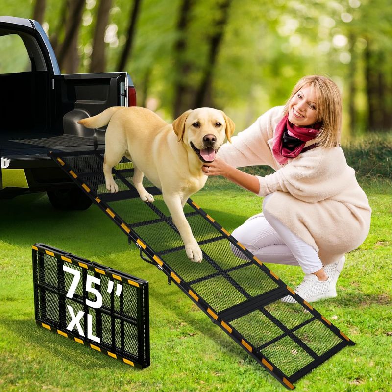 Photo 1 of Dog Ramp for Car, Extra Wide 20”x75” Long, Folding Outdoor Pet Ramp for Large Dogs Non-Slip Dog Car Ramp for Truck, SUV, RV
