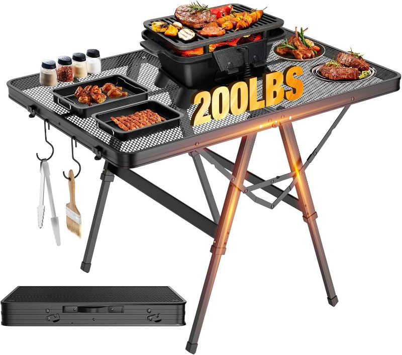 Photo 1 of Foldable Grill Table with Mesh Desktop, 200lbs 3Ft Portable Folding Table, Height Adjustable Metal Table for Ourdoor, Camping, Picnic, BBQ and Beach, RV, 35.4" L x 23.6" W	