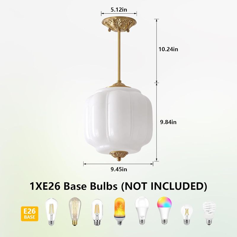 Photo 1 of Milk Glass Pendant Light Fixture, Vintage Antique Brass Semi Flush Mount Pendant Light, White Glass Chandelier Close to Ceiling Light for Kitchen, Hallway, Schoolhouse, Foyer and Bedroom (10.24 inch)
