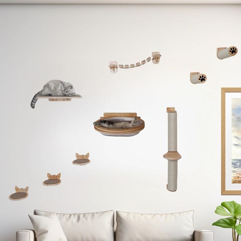 Photo 1 of FLUFFYPUFF Cat Wall Shelves & Furniture Set (9 Pieces)-Durable Rubber Wood & Non-Slip Carpet, Includes Washable Hammock, Shelf, Climbing Scratcher, Ladder, Wall Steps, and Sisal Steps for Large Cats
