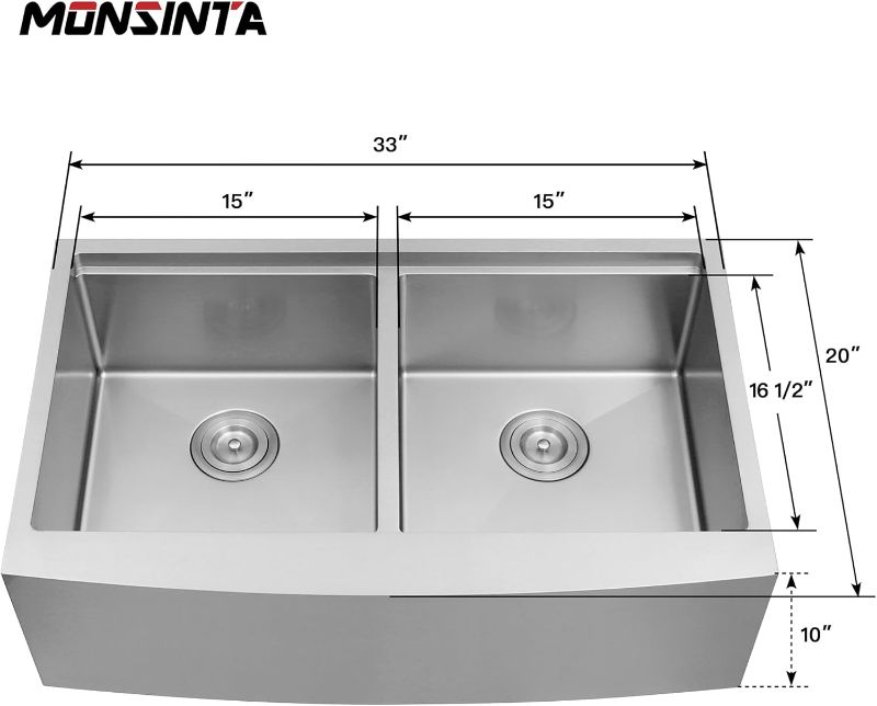 Photo 1 of Farmhouse Kitchen Sink, 33 Inch 50/50 Double Bowl Farm Sinks, 33"x 20" x10" Large and Deep Kitchen Sinks, 16 Gauge Stainless Steel Handmade Farm house Apron Front Sink With Accessories
