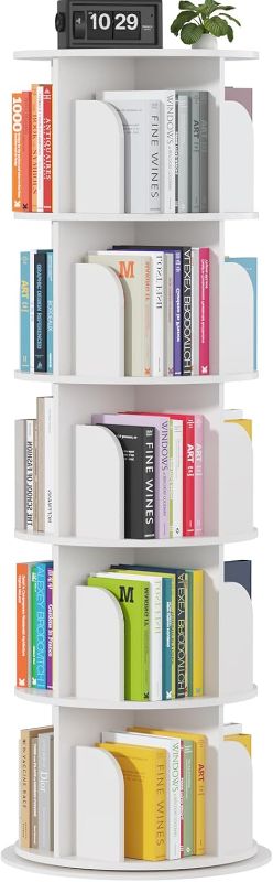 Photo 1 of Rotating Bookshelf Tower 5 Tier,Spinning Bookcase, Revolving 360 Book Shelf Narrow Tall Bookcase, Vertical Turning Round storage Bookshelf ,Book Shelf Organizer for Bedroom, Living Room, White
