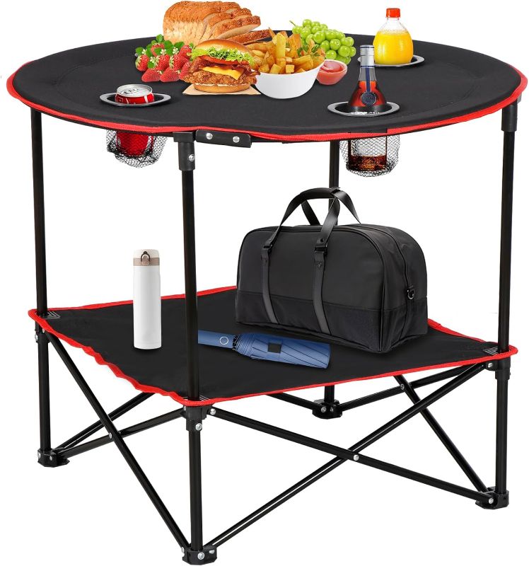 Photo 1 of SUPER DEAL Portable Folding Picnic Camping Table with Storage Bag and 4 Cupholders, 2-Tiers Round Outdoor Camping Beach Table, Black
