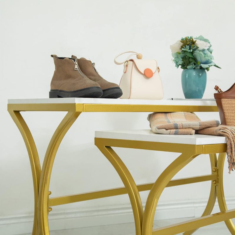Photo 1 of Metal Shoe Handbag Display Stand, Display Riser Shelf for Retail Store, Modern Nesting Tables 2 Piece Set, Iron and Wood, Gold
