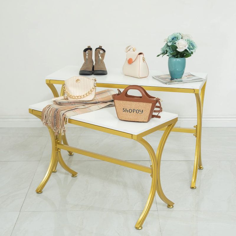 Photo 1 of Metal Shoe Handbag Display Stand, Display Riser Shelf for Retail Store, Modern Nesting Tables 2 Piece Set, Iron and Wood, Gold
